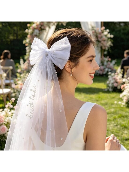 Women\'s Bow White Tulle Polyester Embroidered Bride To Be Veil Hair Clip